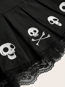 Corpse Bride | ROMWE 可爱学院风骷髅刺绣蝴蝶结装饰蕾丝边短款百褶裙女式，学校 - 黑色 - 查看 4
