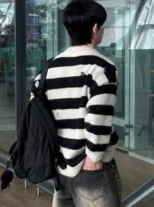 DAZY Men's Casual Contrast Striped Ripped Knitted Sweater, Autumn - Multicolor - View 2