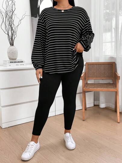 SHEIN LUNE Conjunto de 2 piezas a rayas en negro y blanco para mujer talla grande: Camiseta a rayas y leggings, conjunto deportivo casual para mujer, conjuntos de ropa, atuendos para el aeropuerto, conjunto de dos piezas, atuendo de viaje para el aeropuerto