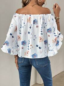 SHEIN LUNE Women's Resort Floral Print Long Sleeve Off Shoulder Shirt