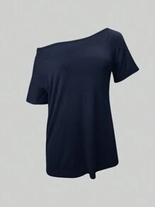 SHEIN EZwear Off Shoulder Short Sleeve Cropped Top, Casual Everyday Wear - Navy Blue - View 3