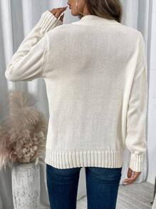 SHEIN LUNE Jersey holgado de punto casual con cierre de media cremallera y estampado de bandera de los Estados Unidos para mujer, otoño/invierno - Beis - Ver 2
