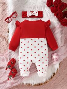 SHEIN Baby Girl Colorblock Polka Dot Printed Bow Decor Jumpsuit With Matching Headband - Red - View 2