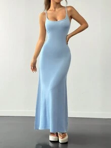 SHEIN EZwear Vestido feminino de malha elegante com alça espaguete e cauda de peixe de cor sólida - Azul - Ver 6