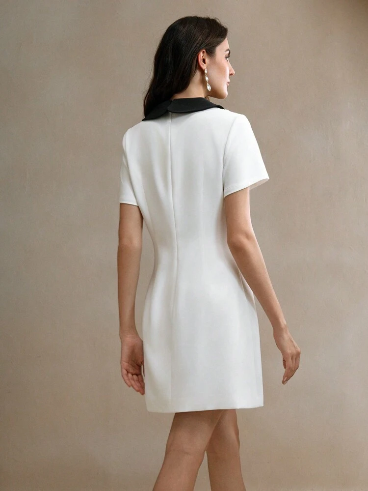 2024 Spring & Summer New Arrival Pearl & Rhinestone Embellished Peter Pan Collar Short Sleeve White Dress