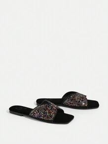 CUCCOO TILAWA New Women Outdoor Flat Sandals, Pointed Toe Fashion Rhinestone Black Velvet Slippers, Soft Bottom Casual Comfortable Summer Party Office Shoes Spring Shoes - Black - View 4