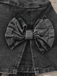 Souflis Souflis 2pcs/Set Young Girl Cute Sweet Bowknot Print Loose Soft Black T-Shirt & Pink Bowknot 2 In 1 Denim Skort, Distressed Wash, School, Campus, College Summer Holiday - Pink - View 4