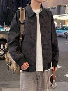 Claim Dot 男士印花拉链翻领长袖休闲夹克 - 深灰色 - 查看 3