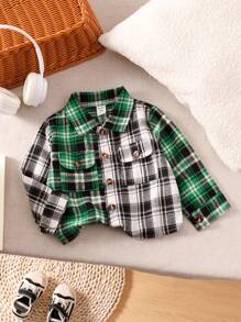 Baby Boy Casual Plaid Color Matching Shirt Top Suitable For Autumn Wear - Green - View 3