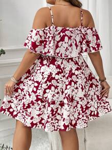 SHEIN VCAY Plus Size Ruffle Spaghetti Strap Floral Allover Print Ruffle Hem Vacation Casual Dress - Burgundy - View 2