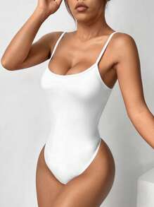 SHEIN EZwear Knitted Sleeveless Bodysuit - White - View 3