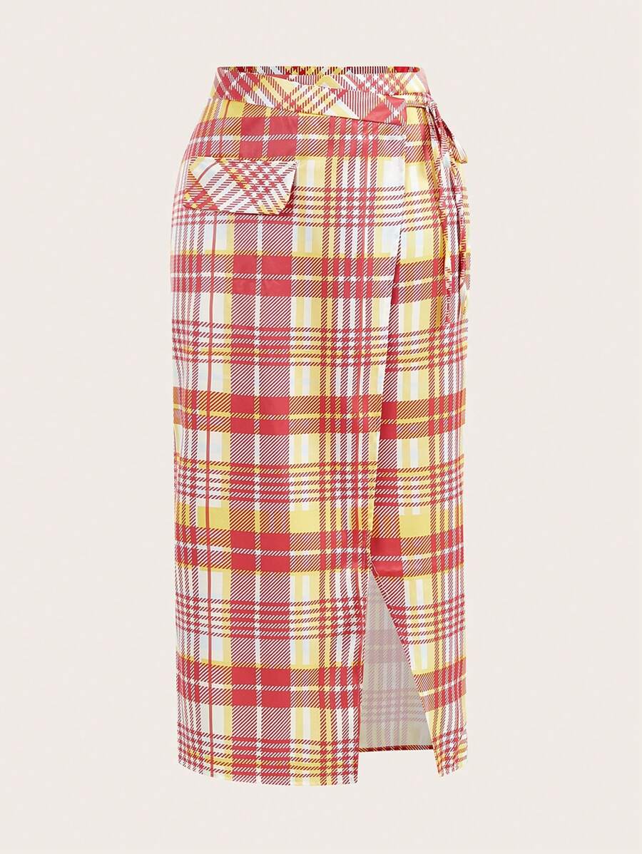 SHEIN LUNE Damen eleganter Rock mit Karomuster, Schleife und hohem Schlitz