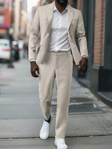 Manfinity Homme 男士春秋修身長袖西裝外套和褲子套裝，適合辦公室或休閒場合 - 灰色 - 查看 5