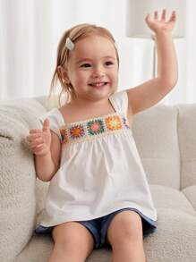 Cozy Pixies Baby Girl Crochet Pattern Color Block Sleeveless Pullover Sweater With Round Neck - White - View 4