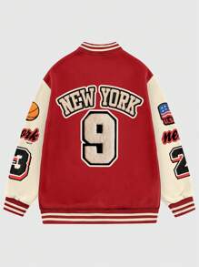 ROMWE MEN Prep Men's Color Block Stitching Front Button Number Alphabet Pattern Pocket Casual Rave Jacket, Fall/Winter - Multicolor - View 4
