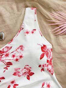 Soleia Vestido midi assimétrico de impressão floral azul e branco para férias femininas - Vermelho - Visão 4