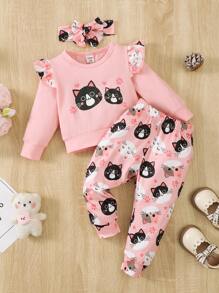 Baby Girl Outfit Round Neck Long Sleeve Ruffle Blouse And Straight Casual Pants