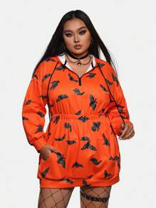 Warp Atelie Plus Size Artist Women's Y2K Halloween Bat Print Drop Shoulder Hoodie Sweatshirt, For Holiday, Festival, Workout, Western Wear