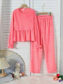 2pcs Tween Girls Pink Simple Jacquard  Lounge Pants And Long Sleeve Top Set - Pink - View 1