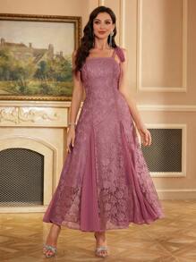 SHEIN Belle 大码时尚修身蕾丝网纱拼接舞会礼服