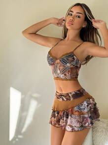 SHEIN ICON 2 chiếc Ren Chắp Vá Vintage Họa Tiết Paisley Họa Tiết Hoa Lưới Nhìn Xuyên Lớp Viền Bất Đối Xứng Bộ Váy - màu nâu - Xem 4