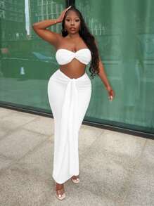 Slaydiva 2 pièces Top bandeau et jupe maxi texturée à volants et taille haute pour femme, tenue tout en blanc, pour vacances et fête sur la plage