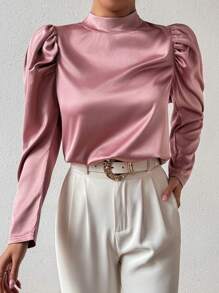 Chiquease Round Neck Pleated Short Sleeve Satin Elegant Shirt - Pink - View 3