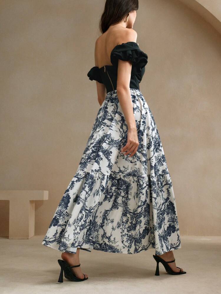 Falda larga elegante de línea A con estampado de árboles para mujeres