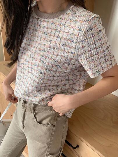 Dazy Star 女士纹理面料圆领格子印花短袖 T 恤