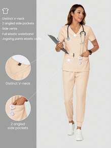 TaskEZ 2 chiếc áo cổ chữ V chắc chắn có túi và quần Bộ đồng phục điều dưỡng - Màu be - Xem 3