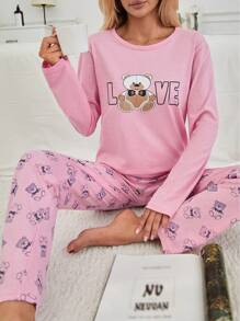 RueChic 100% Cotton 2Pcs  Bear Printed PJ Set - Pink - View 3