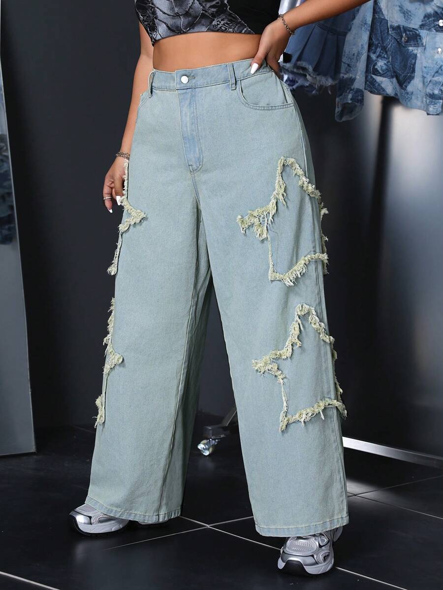 SHEIN ICON Plus Size Stars Embroidered Pockets Loose Fit Casual Wide Leg Jeans - Light Wash - View 1