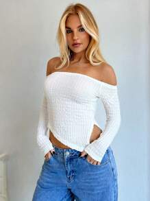 Aloruh 女士露肩长袖纯色精致针织露肩长袖 T 恤 - 杏色 - 查看 6