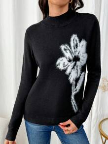 SHEIN LUNE Áo len nữ mùa thu đông mềm mại, thoải mái và thời trang với họa tiết hoa đan xen, cổ tròn, chất liệu dệt kim. - màu đen - Xem 5