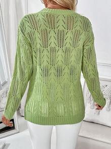 SHEIN LUNE Suéter holgado de mujer de manga larga, verde, con perforaciones