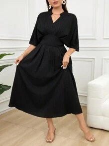 Mulvari Plus Size Women's Summer Solid Color Notched V-Neck Bat Short Sleeve Long Elegant Dress