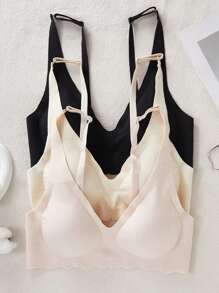 三件装无钢圈文胸，适合少女，简约肤色，黑白组合，柔软支撑，法式深V提拉，适合小胸 - 彩色 - 查看 5