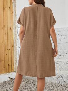 EMERY ROSE Cộng với kích thước váy tay cánh dơi cổ chữ V màu trơn đơn giản - màu nâu - Xem 2