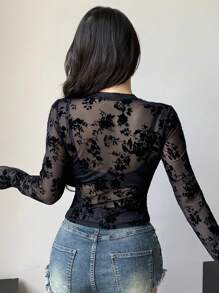 DAZY 女士透明花卉印花性感长袖衬衫外出上衣 - 黑色 - 查看 5