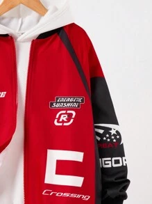 SHEIN Tween Boy Casual Streetwear Knitted Jacket With Letter And Numeric Patterns, Zipper Closure, Lightweight Fabric - Red - View 4