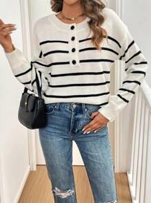SHEIN LUNE Áo len nữ mùa thu đông tay dài vai rớt, kiểu dáng thường ngày, kẻ sọc, cài nửa khuy, chất liệu dệt kim. - trắng - Xem 3