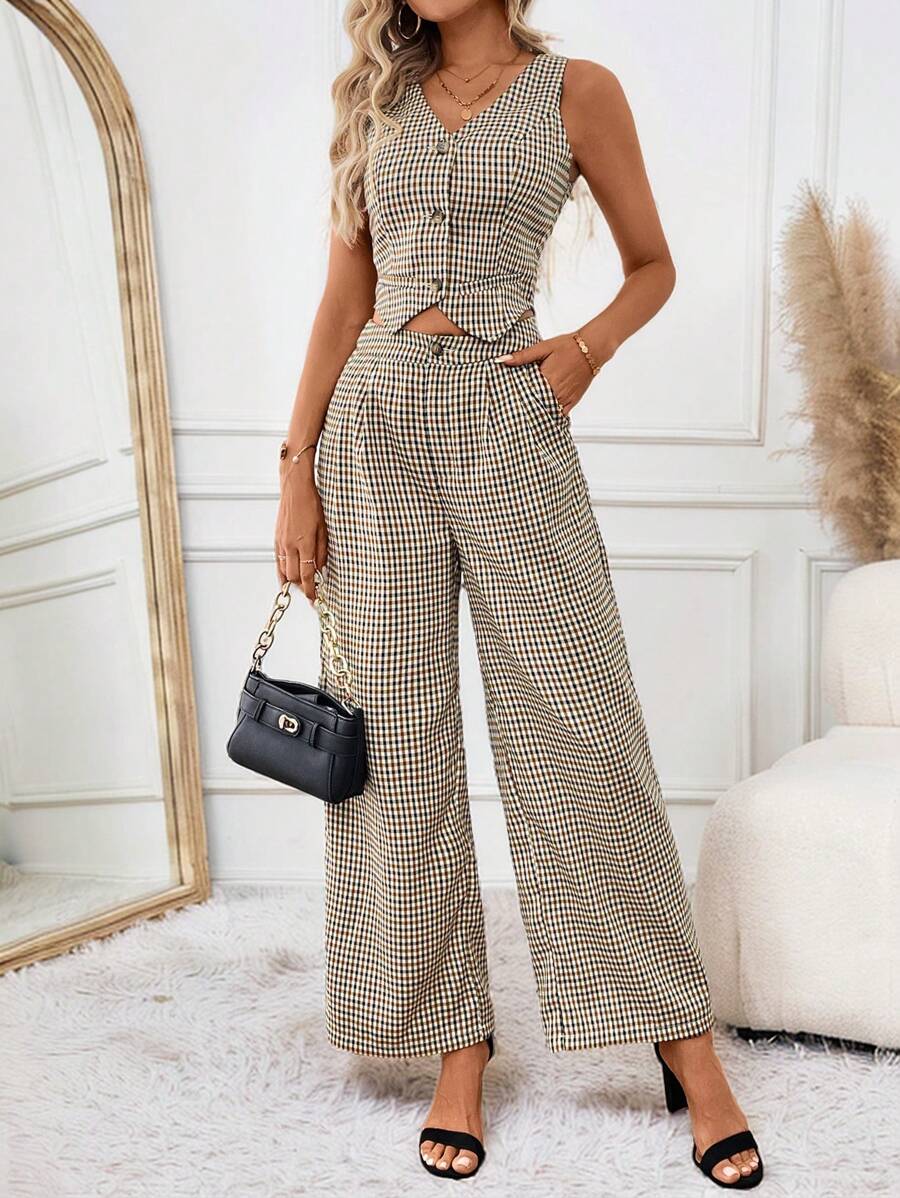 SHEIN Clasi Women's Casual Plaid Vest & Wide-Leg Pants Two-Piece Set - Multicolor - View 1