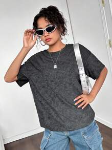 SHEIN 少女针织纯色做旧宽松休闲圆领短袖 T 恤 - 黑色 - 查看 6