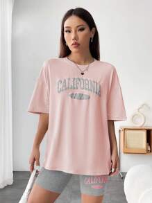 Flirla Casual Multicolor Letter Round Neck Drop Shoulder Tee With Bermuda Biker Shorts Two Piece Outfit For Women - Multicolor - View 3