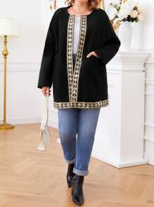Plus Size Women Rhinestone Decor Long Sleeve Jacket - Black - View 5