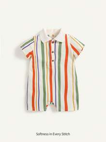 Cozy Pixies Baby Boy Colorful Striped Lapel Short Sleeve Half-Placket Romper - Apricot - View 1