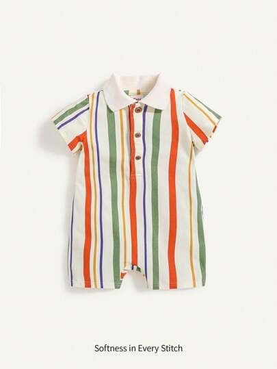 Cozy Pixies 男婴彩色条纹翻领短袖半襟连体衣