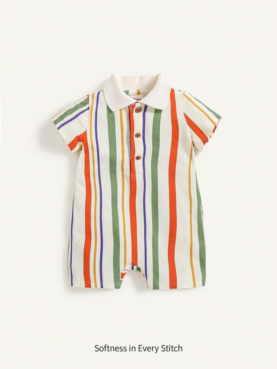 Cozy Pixies Baby Boy Colorful Striped Lapel Short Sleeve Half-Placket Romper - Apricot - View 1