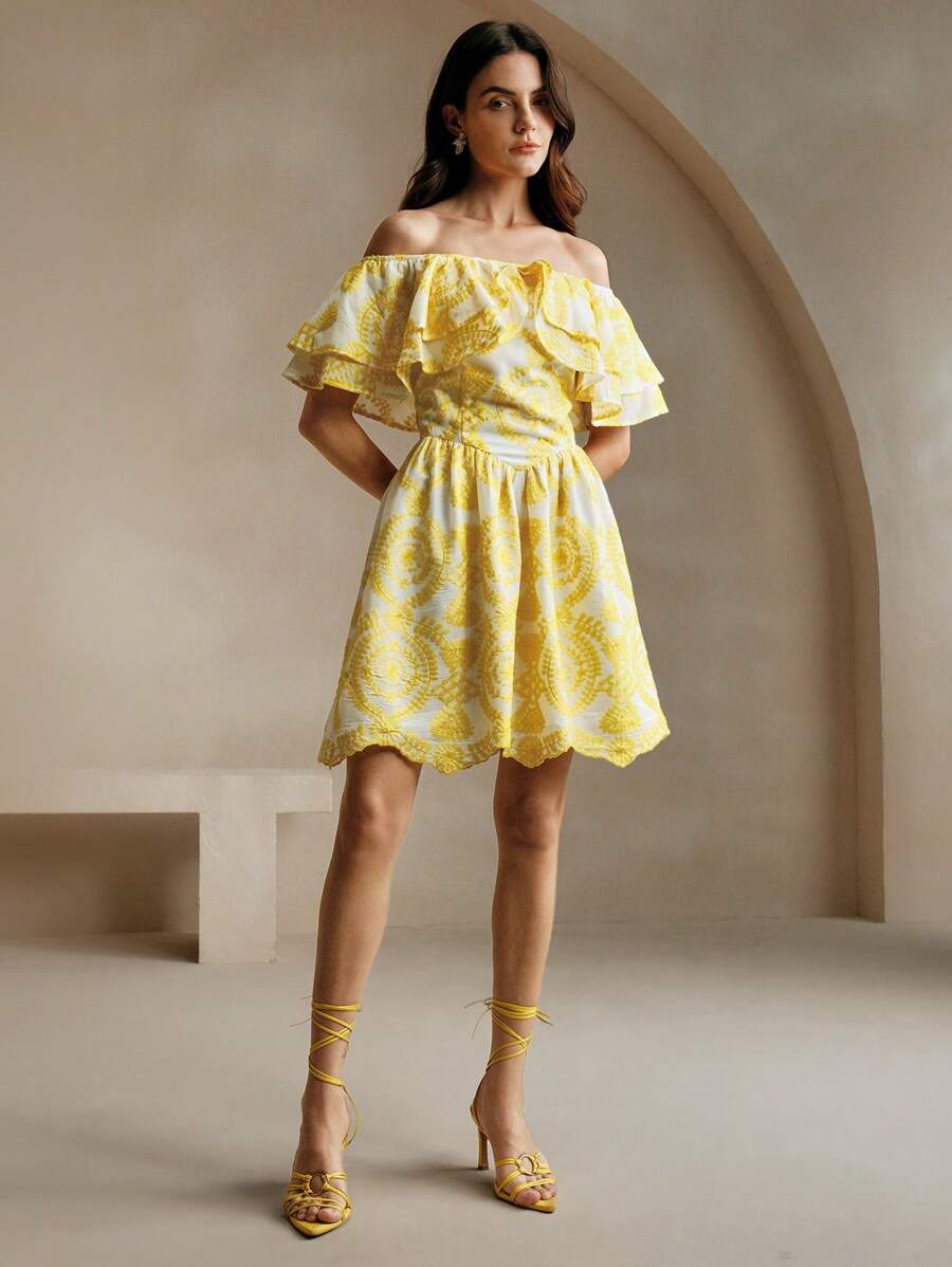 Anewsta 露肩层叠荷叶边刺绣海滩度假连衣裙 - 黃色 - 查看 1