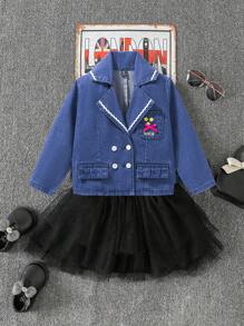 少女花卉刺繡牛仔夾克，圓領領口 - 中等水洗藍 - 查看 1